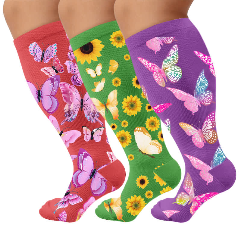 Plus Size Butterfly Bloom Compression Socks - Multicolor(3 Pairs) - 4XL - image 4