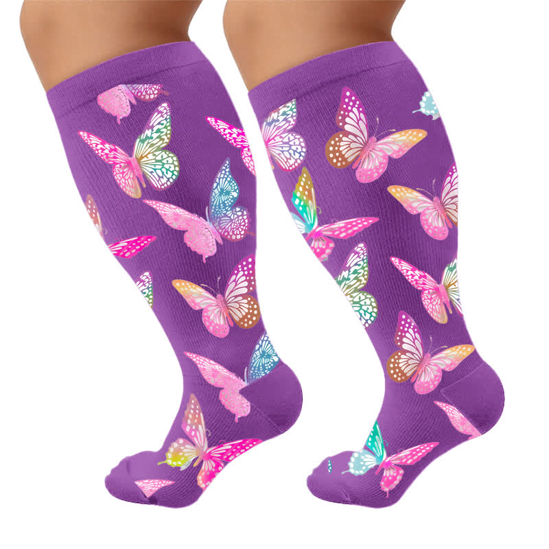 Plus Size Butterfly Bloom Compression Socks - Purple(1 Pair) - 4XL - image 10