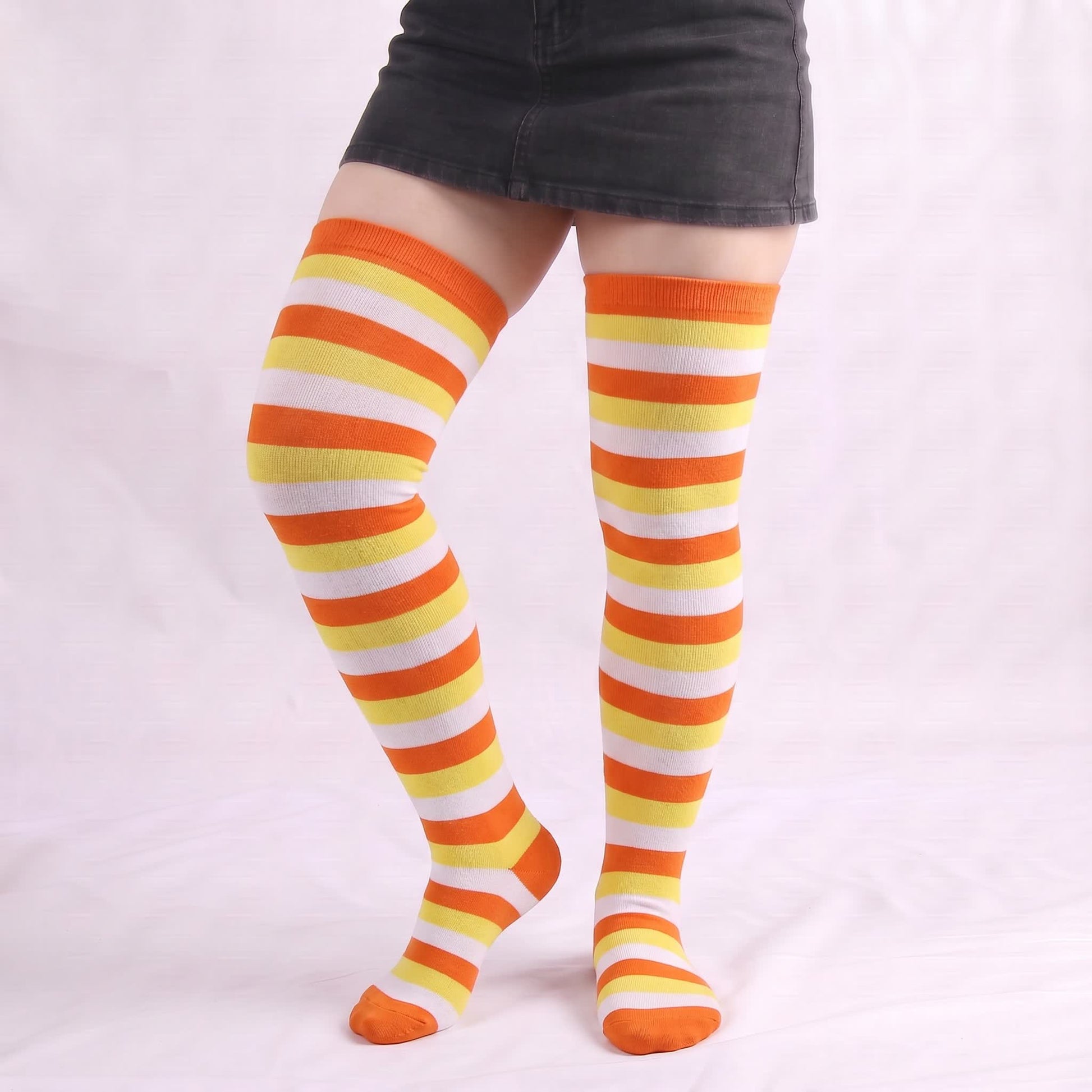 Soft Striped Casual Thigh High Socks(4 Pairs) - Yellow - One Size - image 7