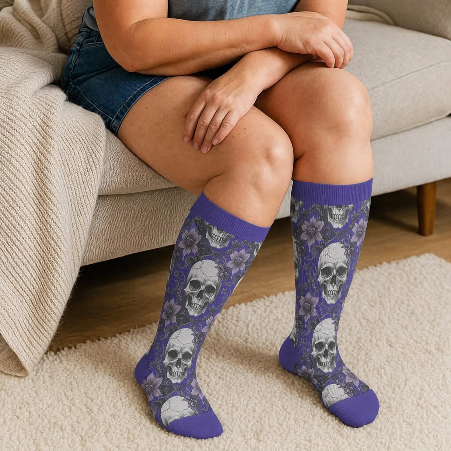 Plus Size Skull Vine Compression Socks - Blue(1 Pair) - 4XL - image 3