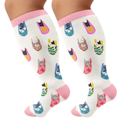 Plus Size Cartoon Cat Knee High Compression Socks - Pink(1 Pair) - 4XL - image 10