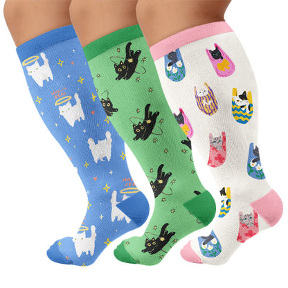 Plus Size Cartoon Cat Knee High Compression Socks - Multicolor(3 Pairs) - 4XL - image 4