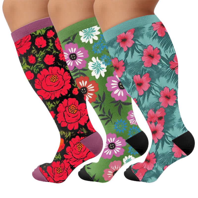 Plus Size Bold Blossom Compression Socks - Multicolor(3 Pairs) - 4XL - image 1