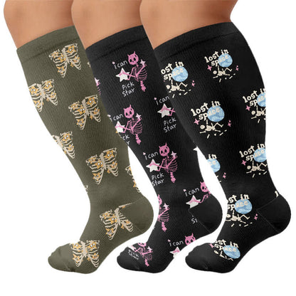 Plus Size Gothic Cat Star Compression Socks - Multicolor(3 Pairs) - 4XL - image 4