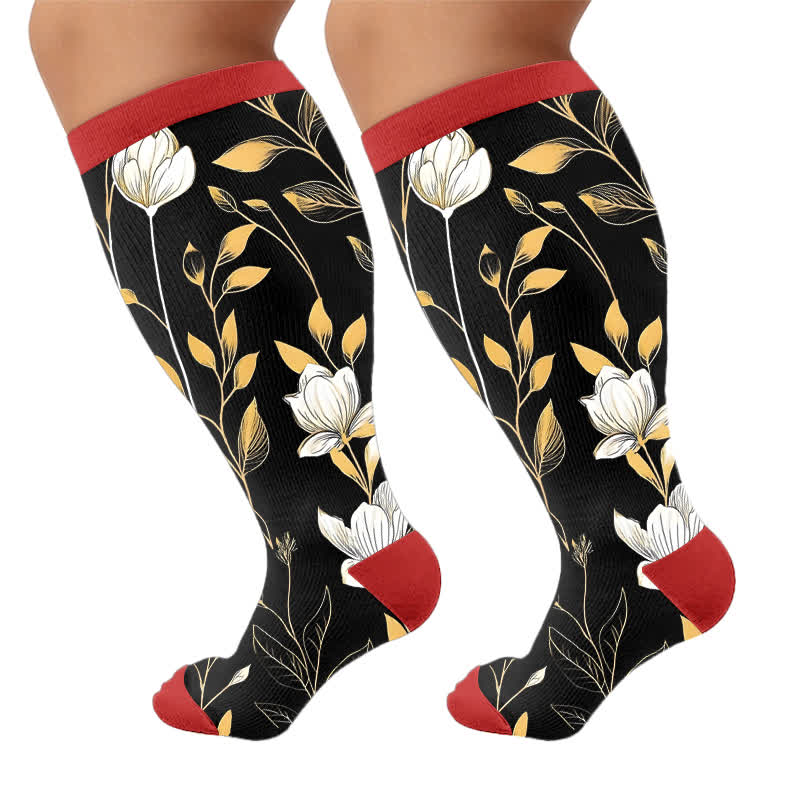 Plus Size Contrast Color Florals Compression Socks - Red(1 Pair) - 4XL - image 8