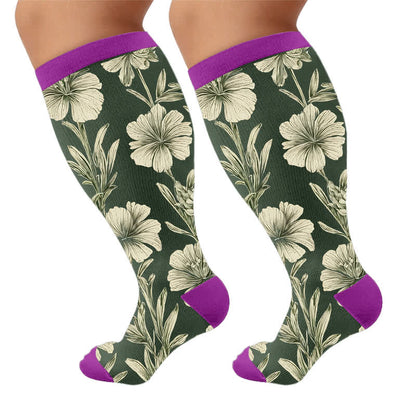 Plus Size Contrast Color Florals Compression Socks - Purple(1 Pair) - 4XL - image 9