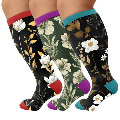 Plus Size Contrast Color Florals Compression Socks - Multicolor(3 Pairs) - 4XL - image 4