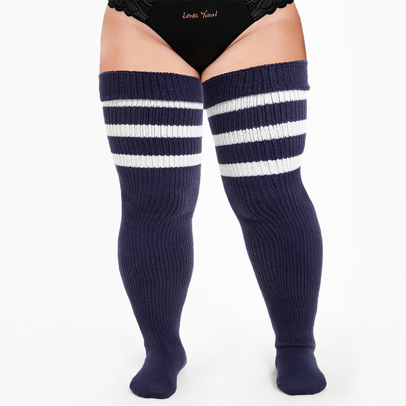 Retro Sport Thigh High Socks - Navy Blue-A - One Size - image 3