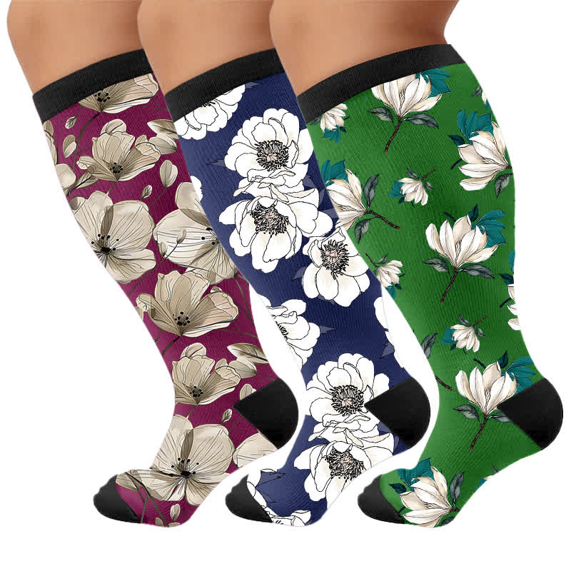 Plus Size Magnolia Floral Compression Socks - Multicolor(3 Pairs) - 4XL - image 4