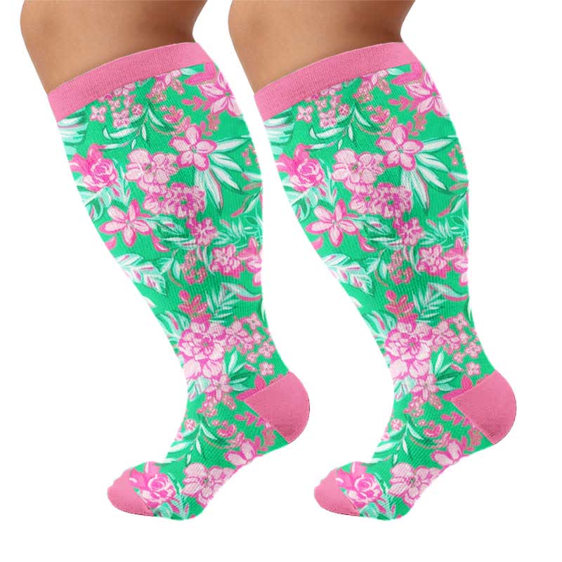Plus Size Tropical Floral Compression Socks - Green(1 Pair) - 4XL - image 6