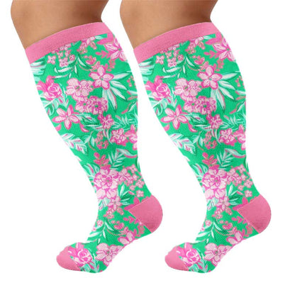 Plus Size Tropical Floral Compression Socks - Green(1 Pair) - 4XL - image 6