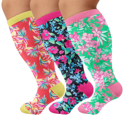 Plus Size Tropical Floral Compression Socks - Multicolor(3 Pairs) - 4XL - image 4