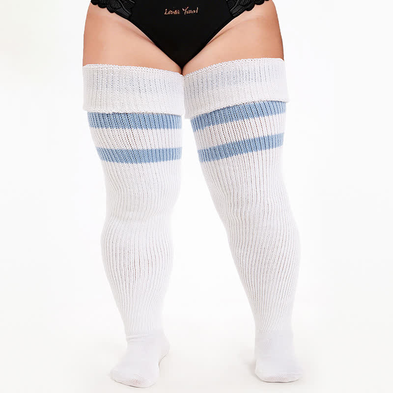 Varsity Ribbed Thigh High Socks - White-B - One Size - image 2