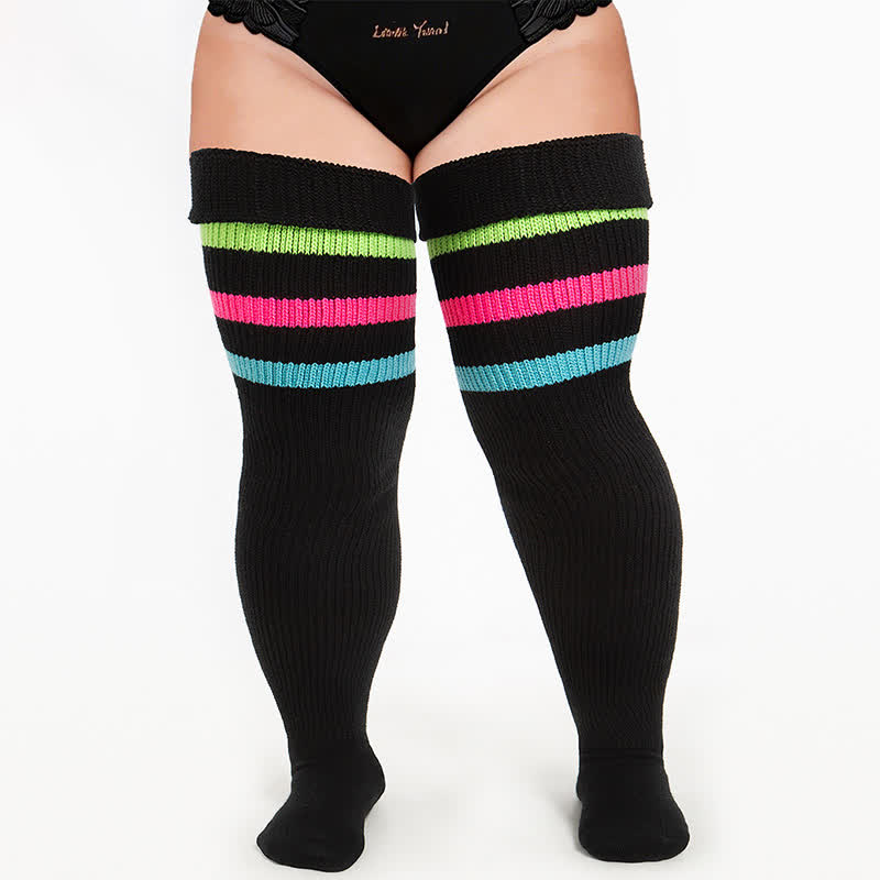 Varsity Ribbed Thigh High Socks - Black - One Size - image 1
