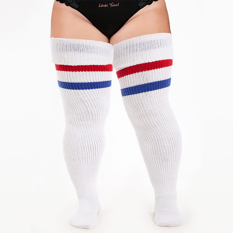 Varsity Ribbed Thigh High Socks - White-D - One Size - image 4