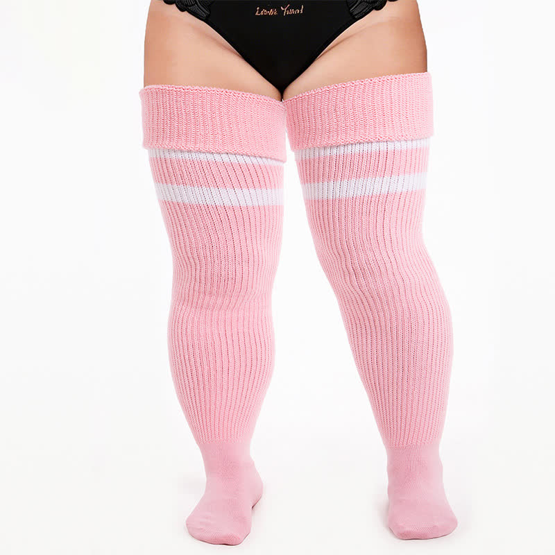 Ribbed Sport Thigh High Socks - Light Pink-A - One Size - With Elastic Strap - image 6