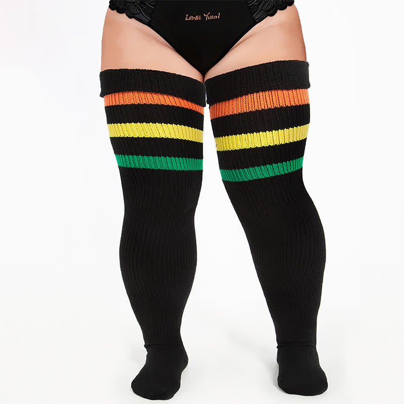 Ribbed Sport Thigh High Socks - Black-C - One Size - With Elastic Strap - image 7