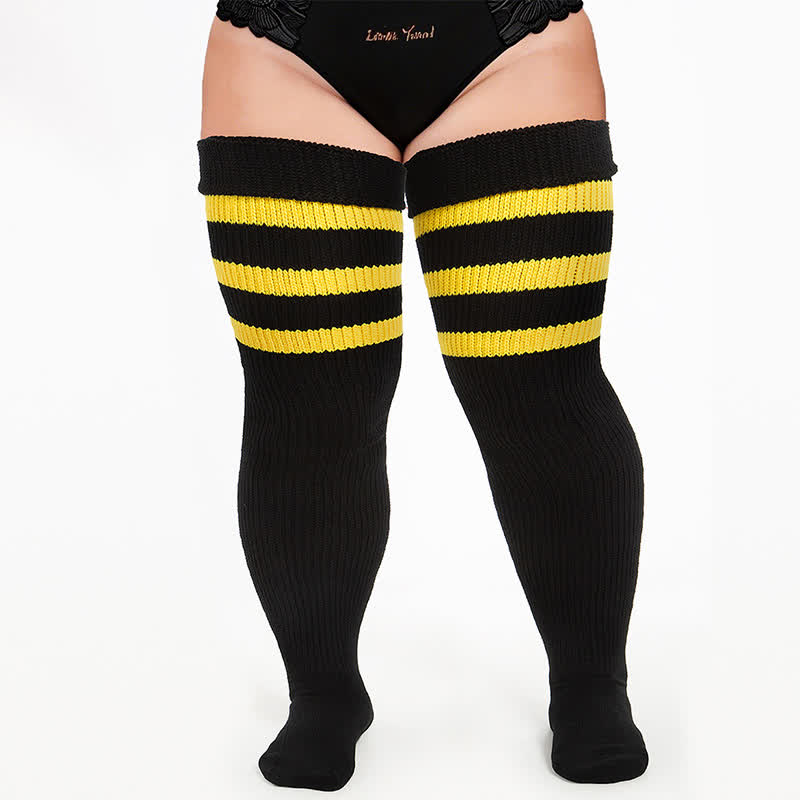 Ribbed Sport Thigh High Socks - Black-B - One Size - With Elastic Strap - image 4