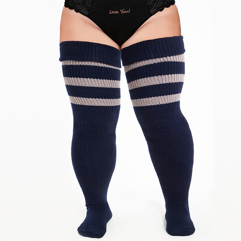 Ribbed Sport Thigh High Socks - Navy Blue - One Size - With Elastic Strap - image 9