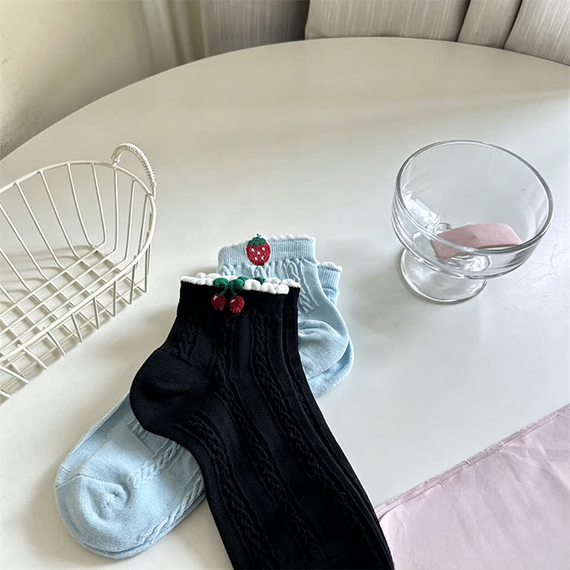 Cherry Ribbed Cotton Quarter Socks (2 Pairs) - Blue+Black - EU35-40(US2-7) - image 7