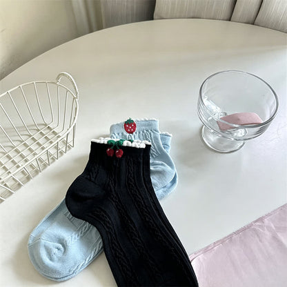 Cherry Ribbed Cotton Quarter Socks (2 Pairs) - Blue+Black - EU35-40(US2-7) - image 7
