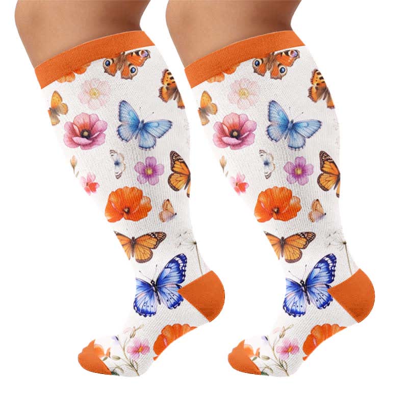 Plus Size Floral Print Compression Socks - White(1 Pair) - 4XL - image 8