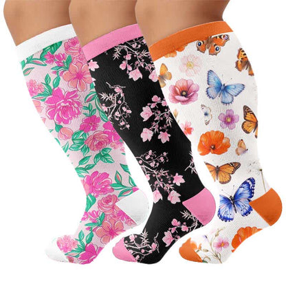 Plus Size Floral Print Compression Socks - Multicolor(3 Pairs) - 4XL - image 4