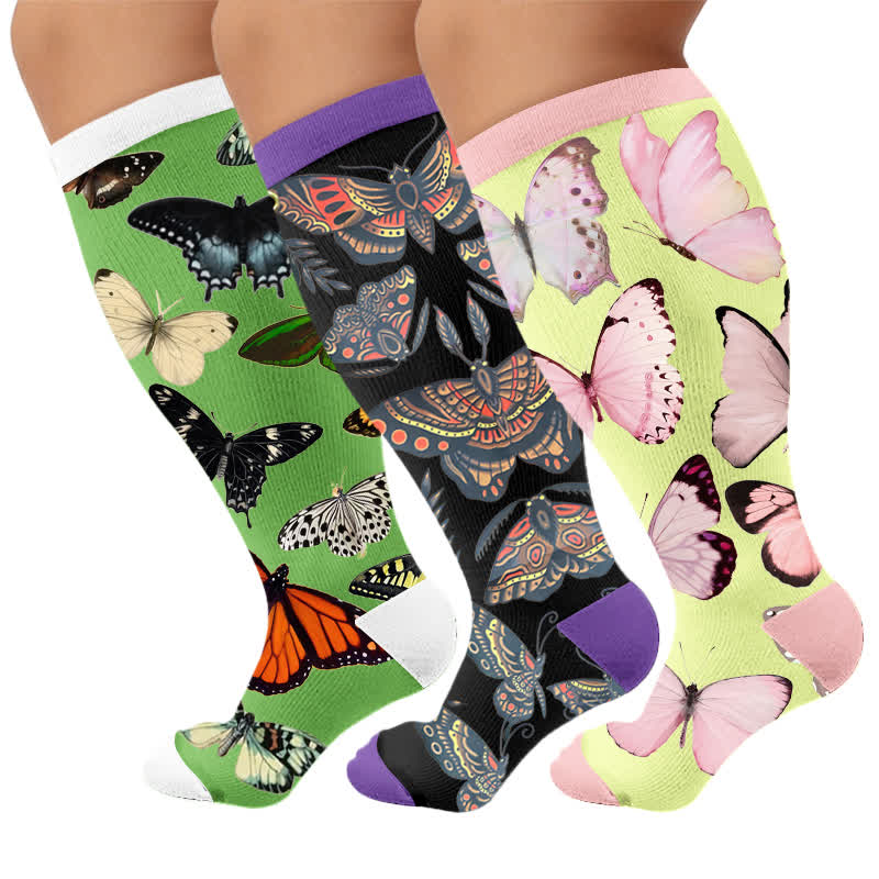 Plus Size Dark Butterfly Compression Socks - Multicolor(3 Pairs) - 4XL - image 4