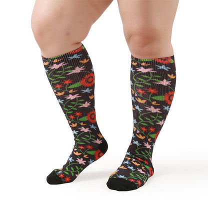 Plus Size Floral Garden Knee High Socks - Black-A - One Size - image 4