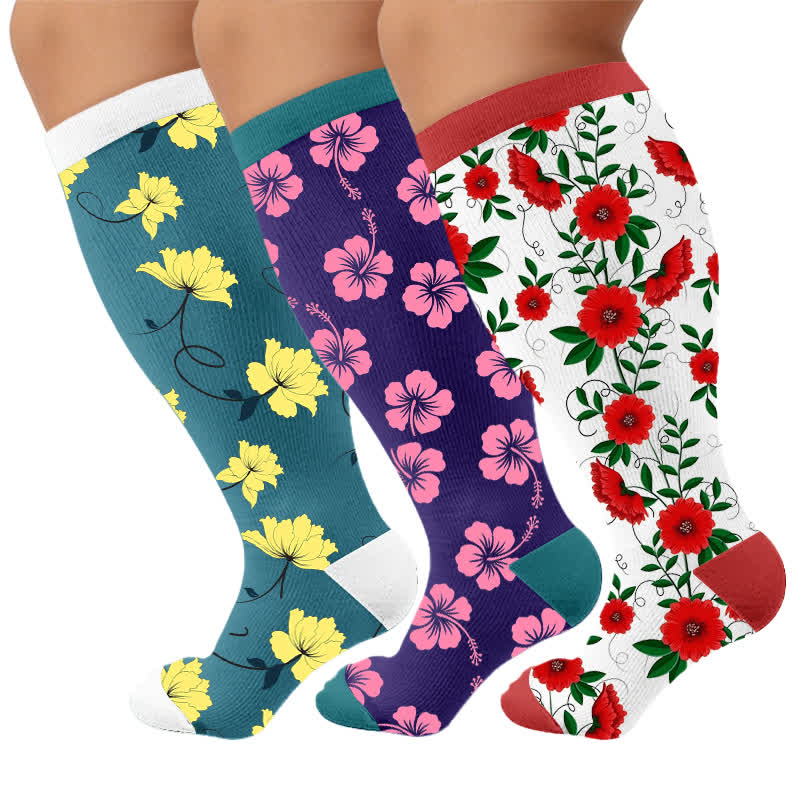 Plus SizeVibrant Flowers Compression Socks - Multicolor(3 Pairs) - 4XL - image 4