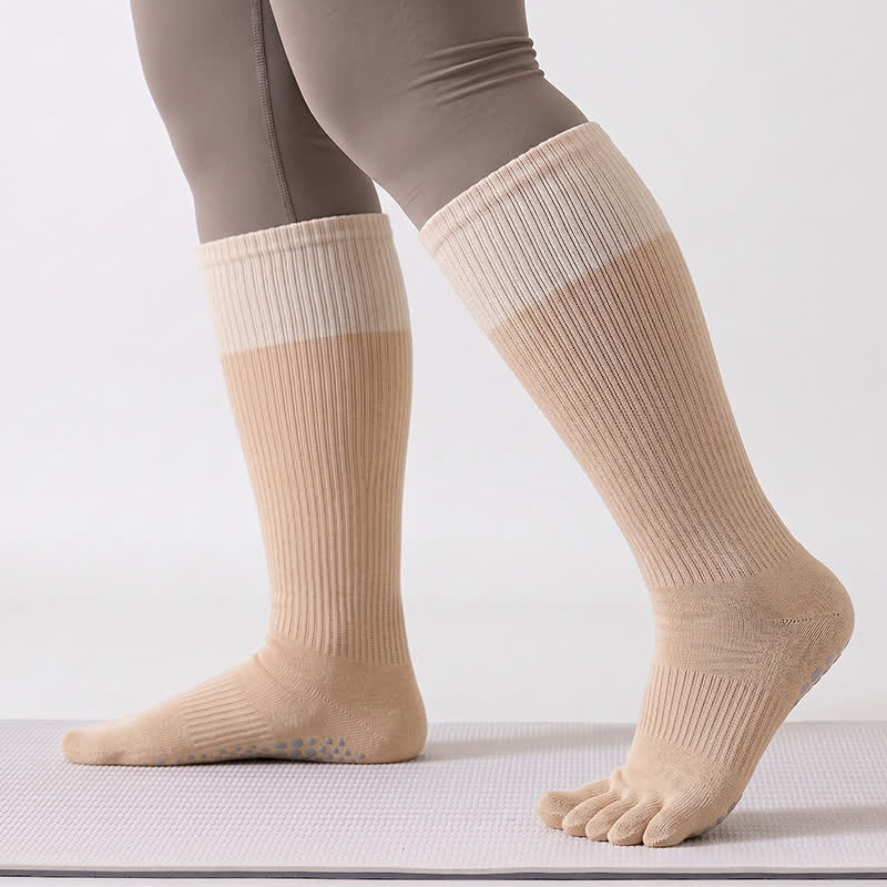 Colorblock Over Knee Socks(2 Pairs) - Khaki - One Size - image 4