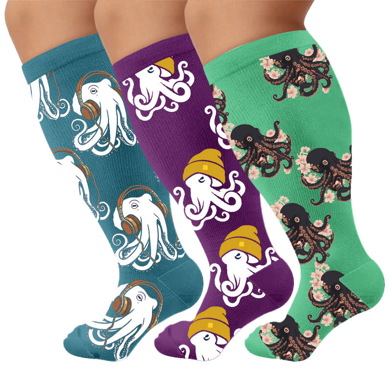 Plus Size Trendy Octopus Compression Socks - Multicolor(3 Pairs) - 4XL - image 4