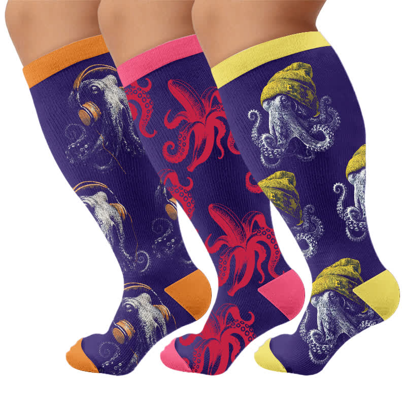 Plus Size Bizarre Octopus Compression Socks - Multicolor(3 Pairs) - 4XL - image 4