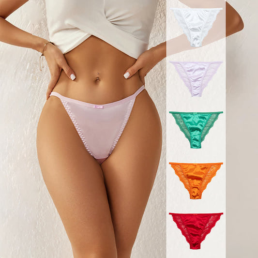 Silky Satin Lace Trim Thong Panties(3 Packs) - image 0