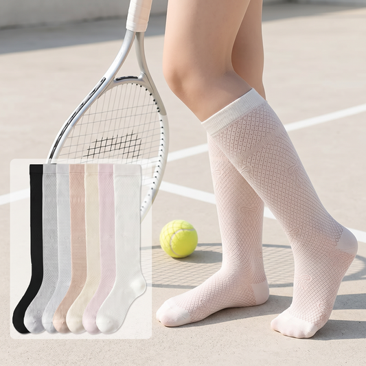 Sheer Mesh Ribbed Knee HIgh Socks(4 Pairs) - Dark Grey+Light Coffee+White+Pink - EU35-40(US2-7) - image 0