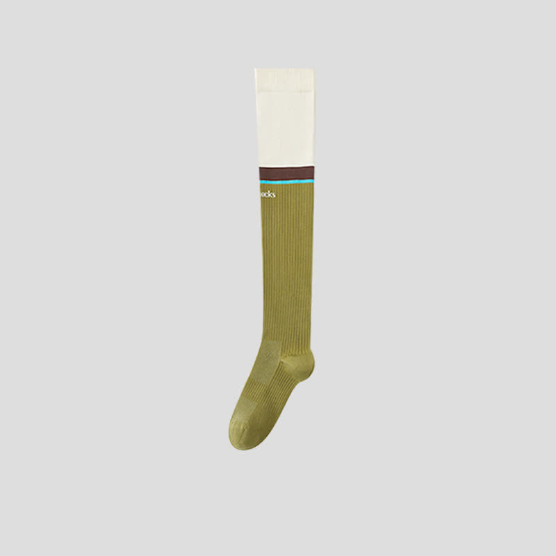 Plus Size Colorblock Ribbed Thigh High Compression Socks - Beige - EU35-40(US2-7) - image 8