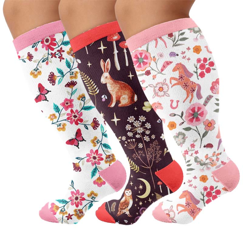 Plus Size Floral Bunny Compression Socks - Multicolor(3 Pairs) - 4XL - image 4