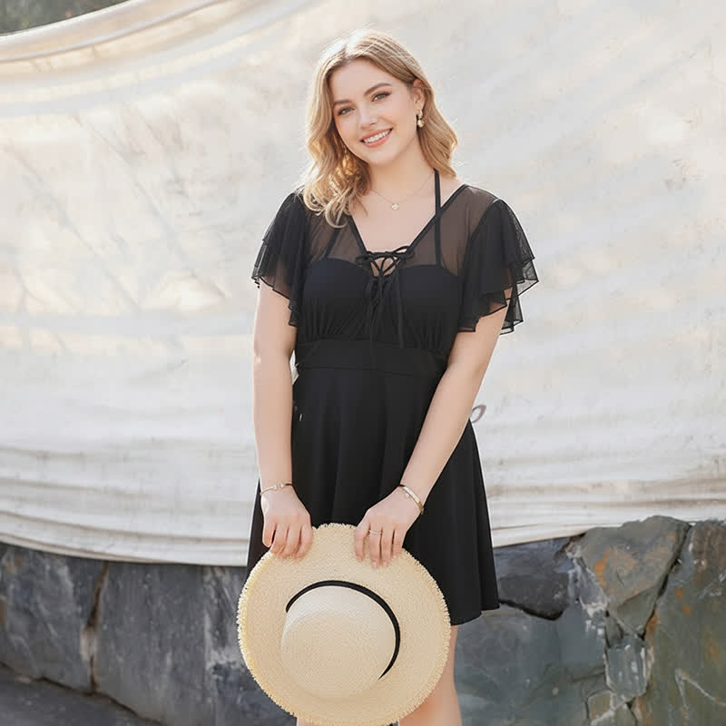 Sheer Ruffle Tie Front Swim Dress - image 1
