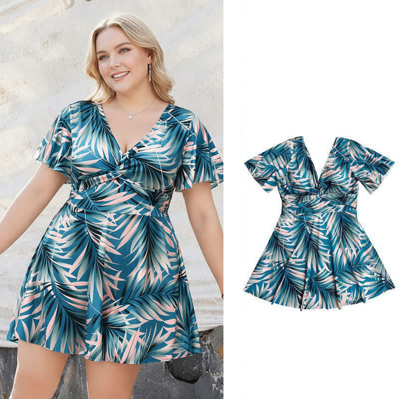 Tropical Leaf Wrap Swimwear - Green - 4XL - image 0