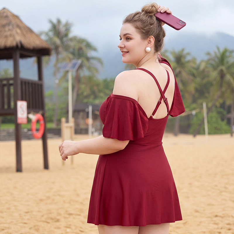 Off Shoulder Ruffle Sleeve Swim Dress - image 1