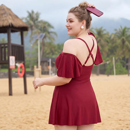 Off Shoulder Ruffle Sleeve Swim Dress - image 1
