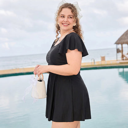 Off Shoulder Ruffle Sleeve Swim Dress - Black - 5XL - image 3