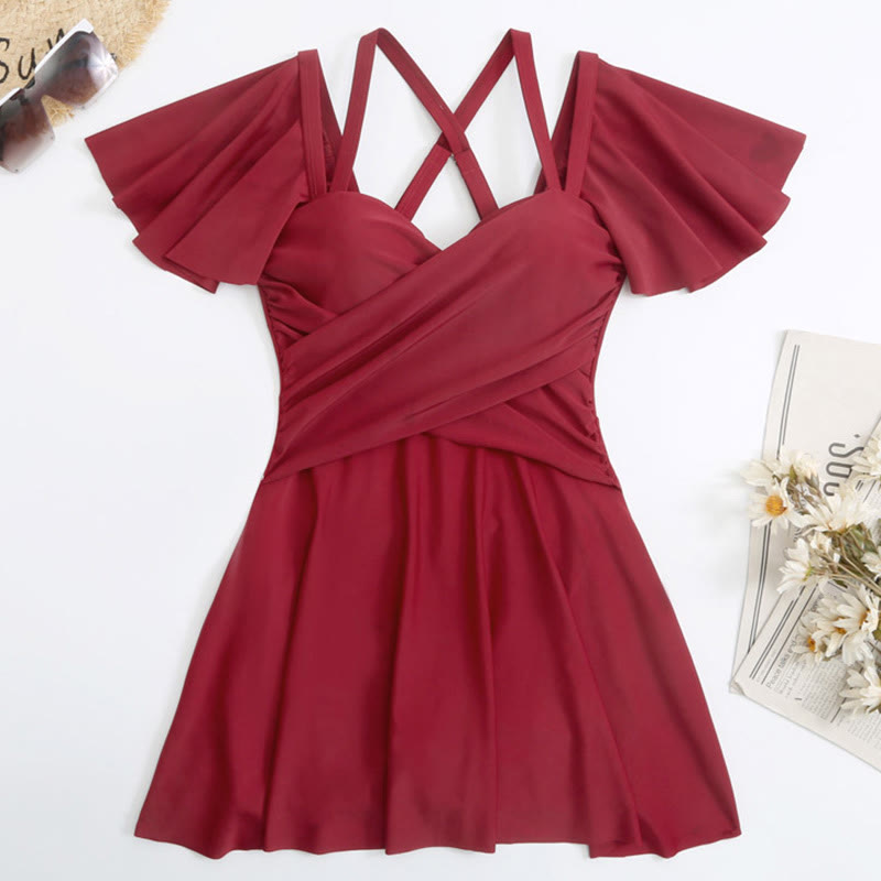 Off Shoulder Ruffle Sleeve Swim Dress - image 5