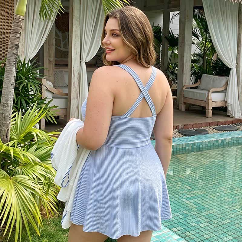 Stripe Ruched V Neck Swim Dress - image 3