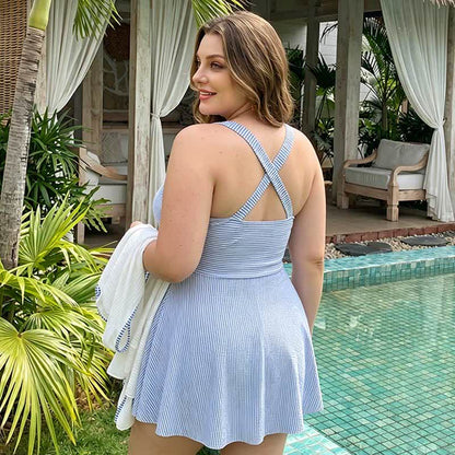 Stripe Ruched V Neck Swim Dress - image 3