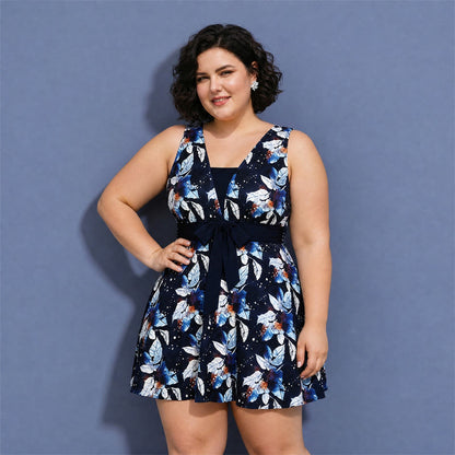 Navy Leaf Print Swimwear - Dark Blue - 5XL - image 2