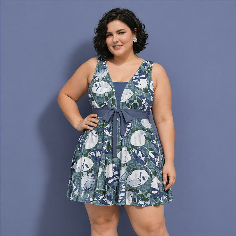 Navy Leaf Print Swimwear - Grey - 5XL - image 3