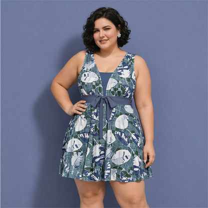 Navy Leaf Print Swimwear - Grey - 5XL - image 3