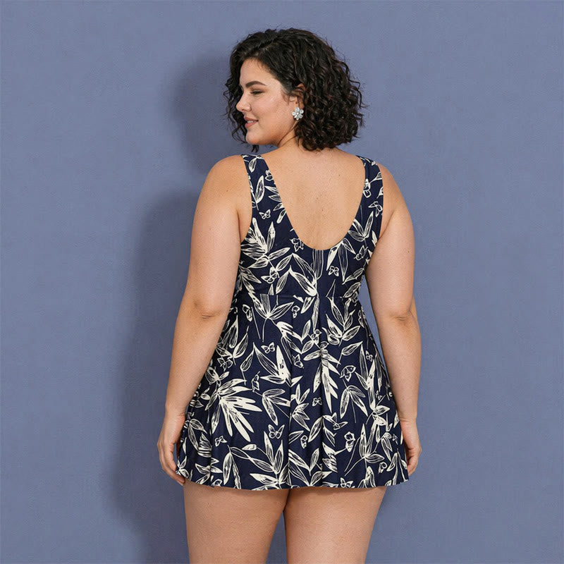 Navy Leaf Print Swimwear - Navy Blue - 5XL - image 4