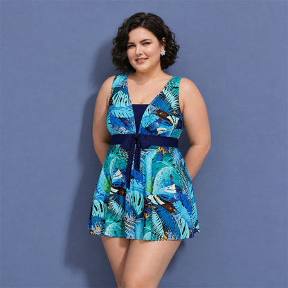 Navy Leaf Print Swimwear - Sky Blue - 5XL - image 5
